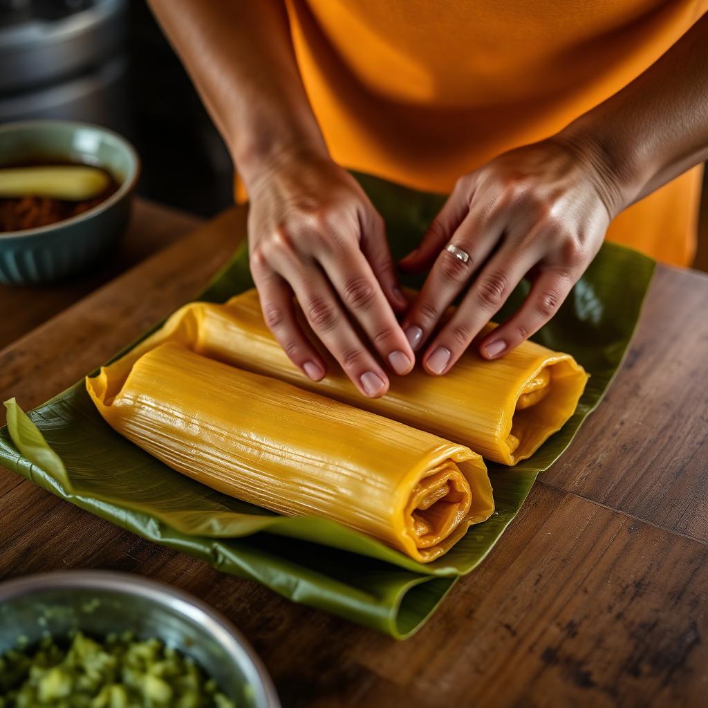 Hands folding pasteles in banana leaves