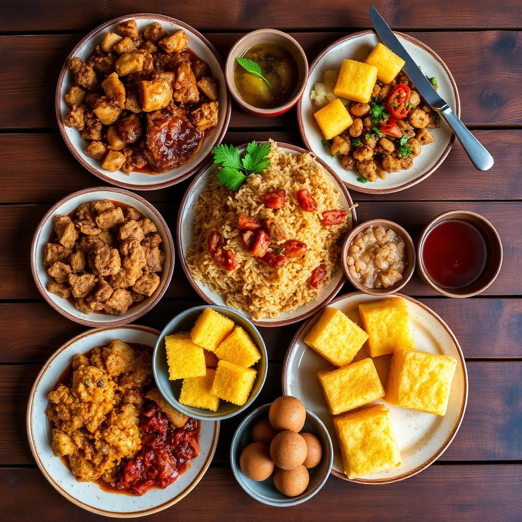 A full spread of Puerto Rican dishes on a rustic table